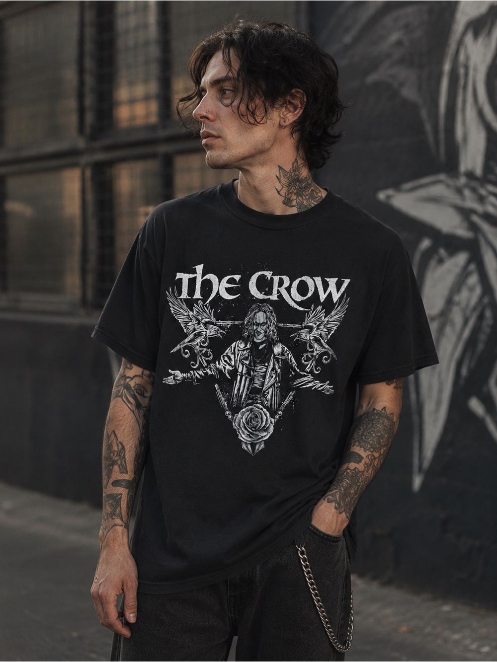 The Crow Movie Graphic T-Shirt Tall Black White American Classics Gothic Horror
